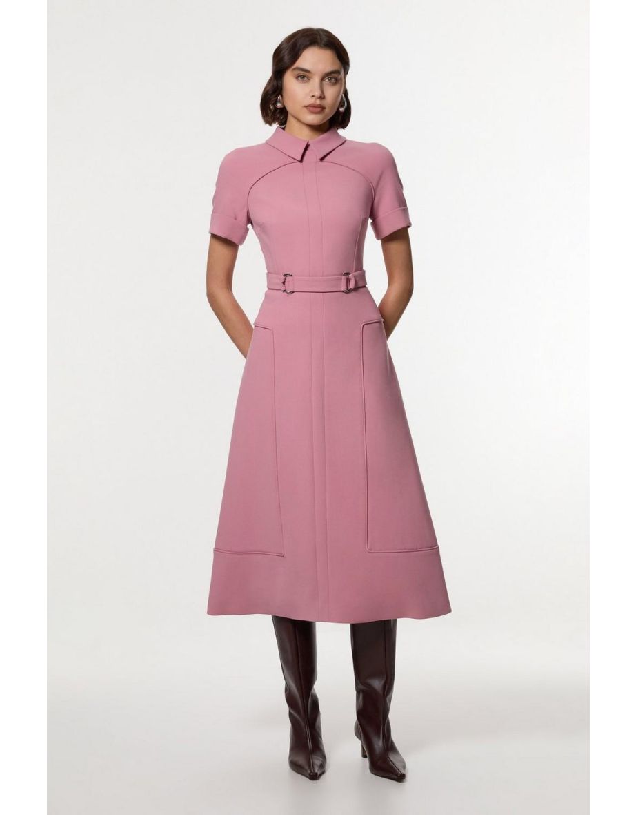 Compact Stretch Tipped Tab Detail Full Skirted Midi Dress