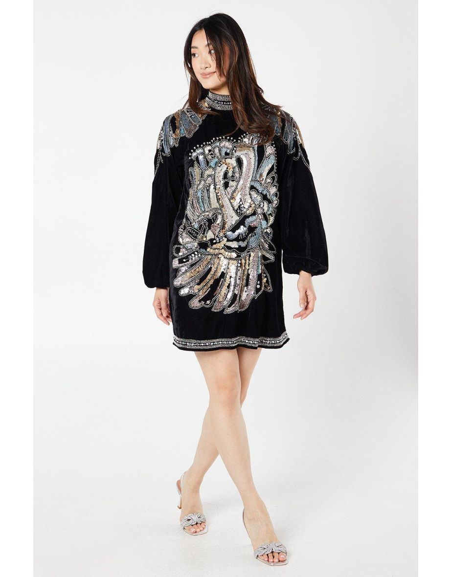 Premium Hand Embellished Velvet Swing Dress - 3