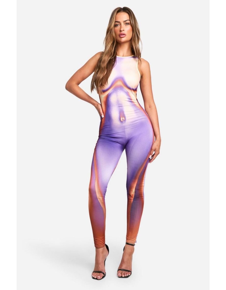 Body Print Slinky Sleeveless Unitard Jumpsuit - purple