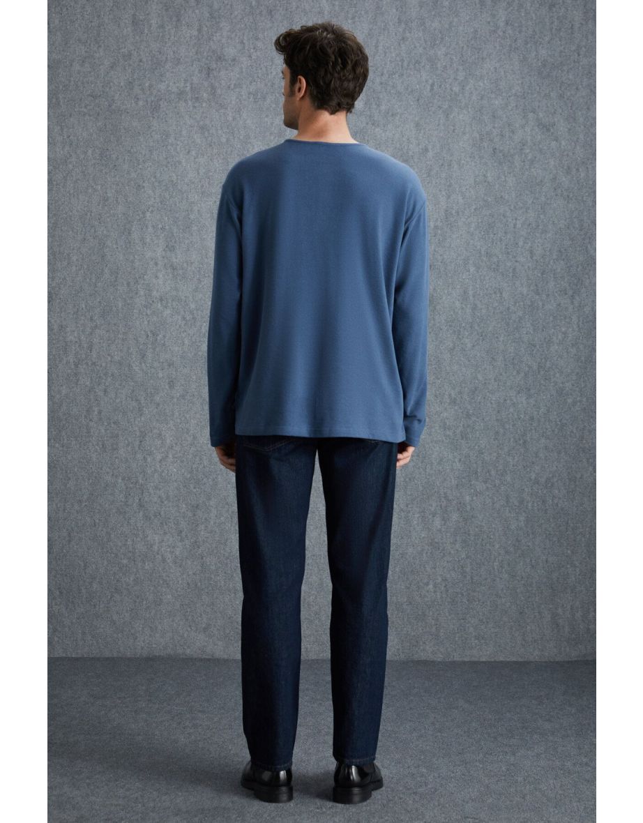 Lorenzo Men's Special Rustic Texture 100% Organic Cotton Button Detailed Regular Indigo Sweatshirt - 4