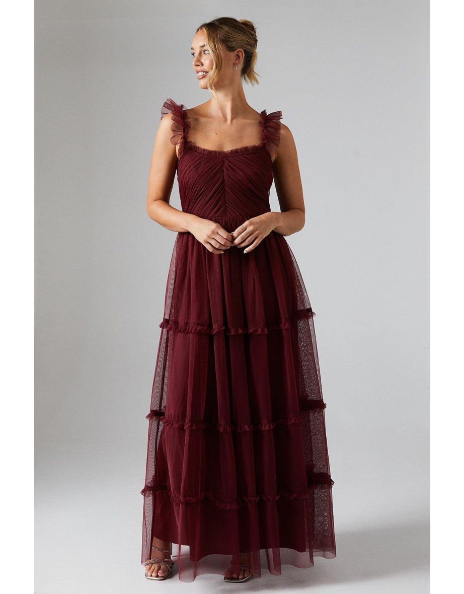 Flutter Sleeve Tiered Mesh Bridesmaids Dress