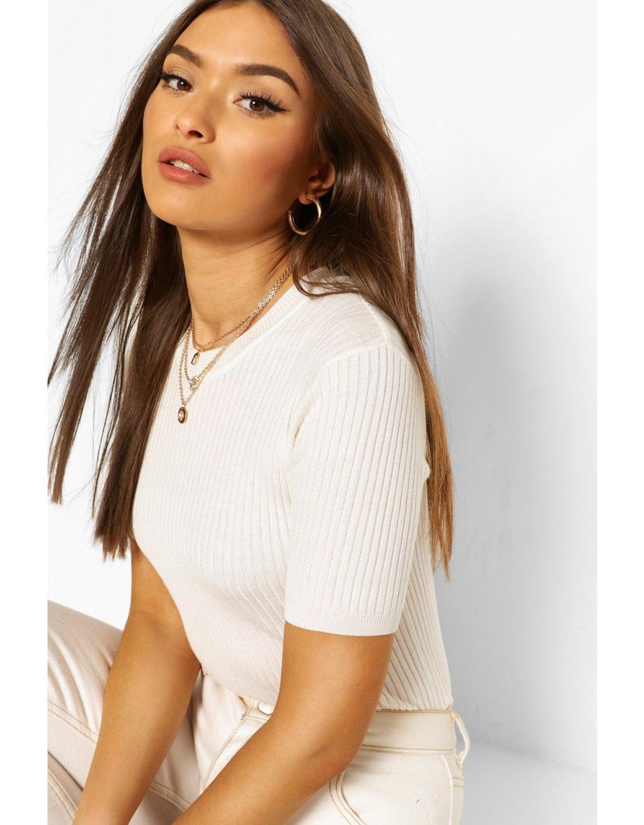 Rib Knit Crew Neck Short Sleeve Knitted Top - cream
