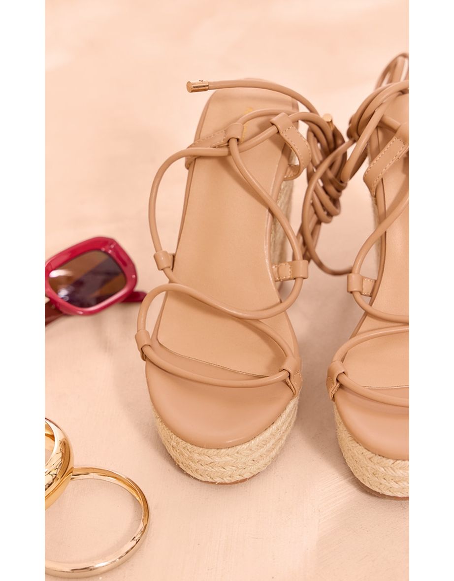 Nude PU Round Toe Cross Over Lace Up Espadrille High Wedges - 3