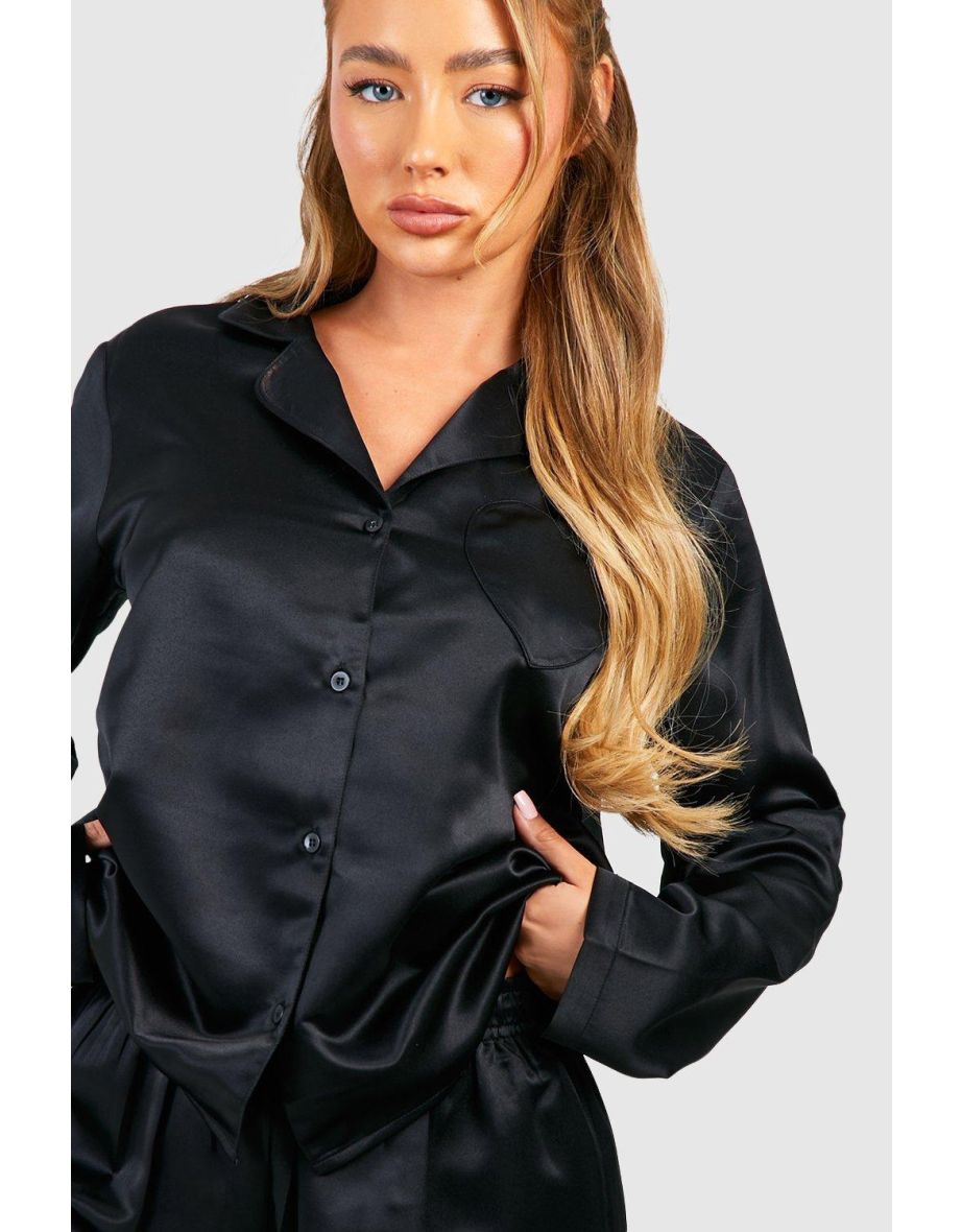 Heart Detail Pocket Button Front Pyjamas - black - 3
