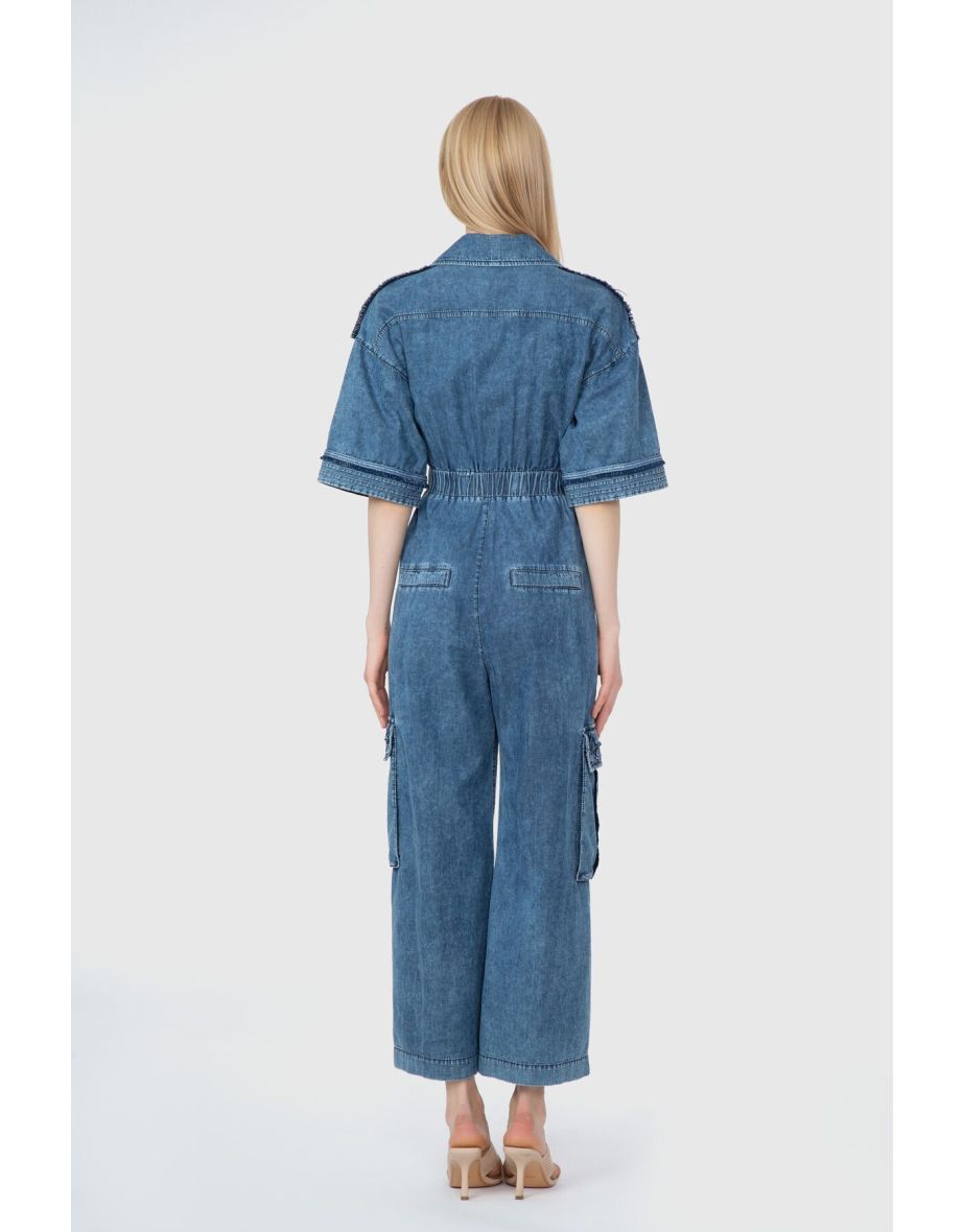 Ribbon And Stitch Detail Waist Tie Wide Leg Blue Jumpsuit - 3