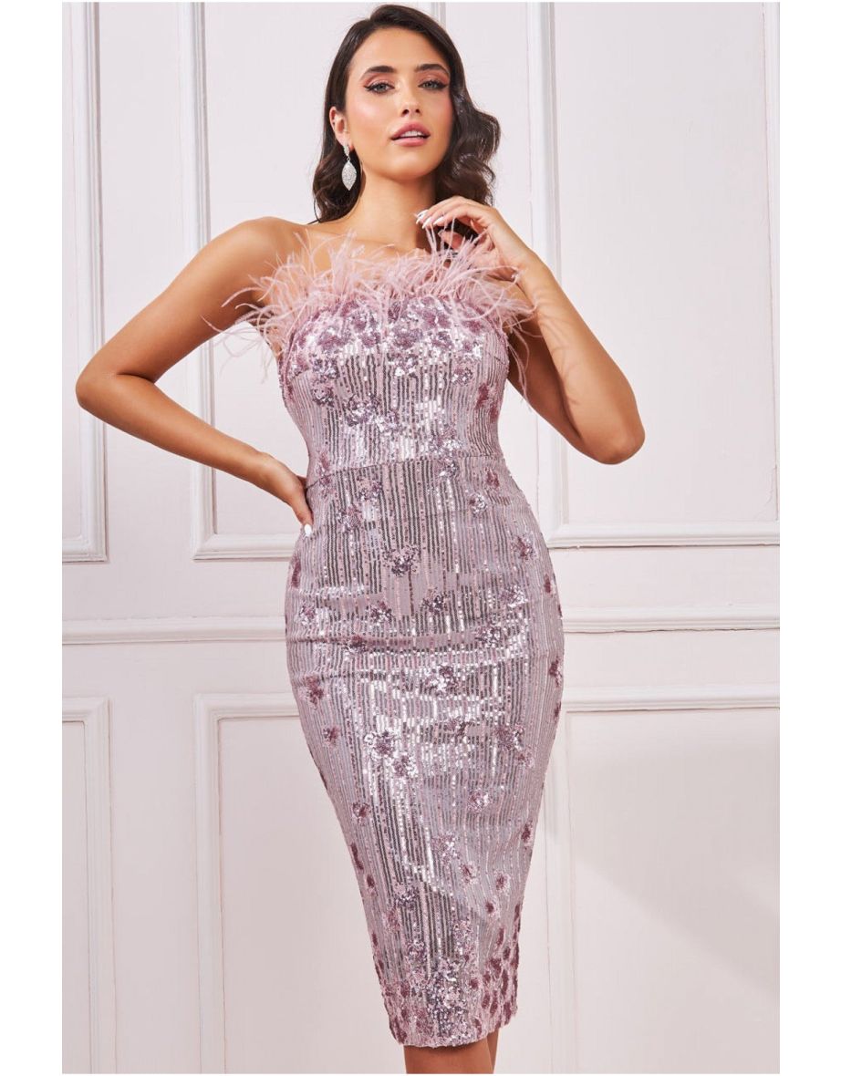 Goddiva Sequin And Feather Boobtube Midi - Blush
