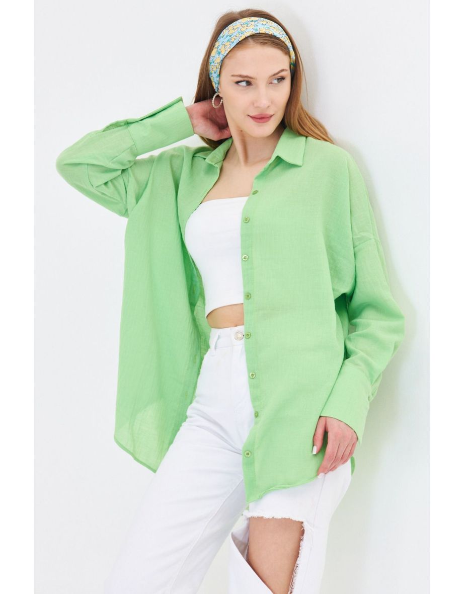 Women's Light Green Oversize Textured Linen Look Wide Cuff Shirt