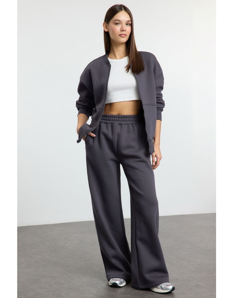 Anthracite Oversize Zippered Thick Inner Fleece Knitted Tracksuit