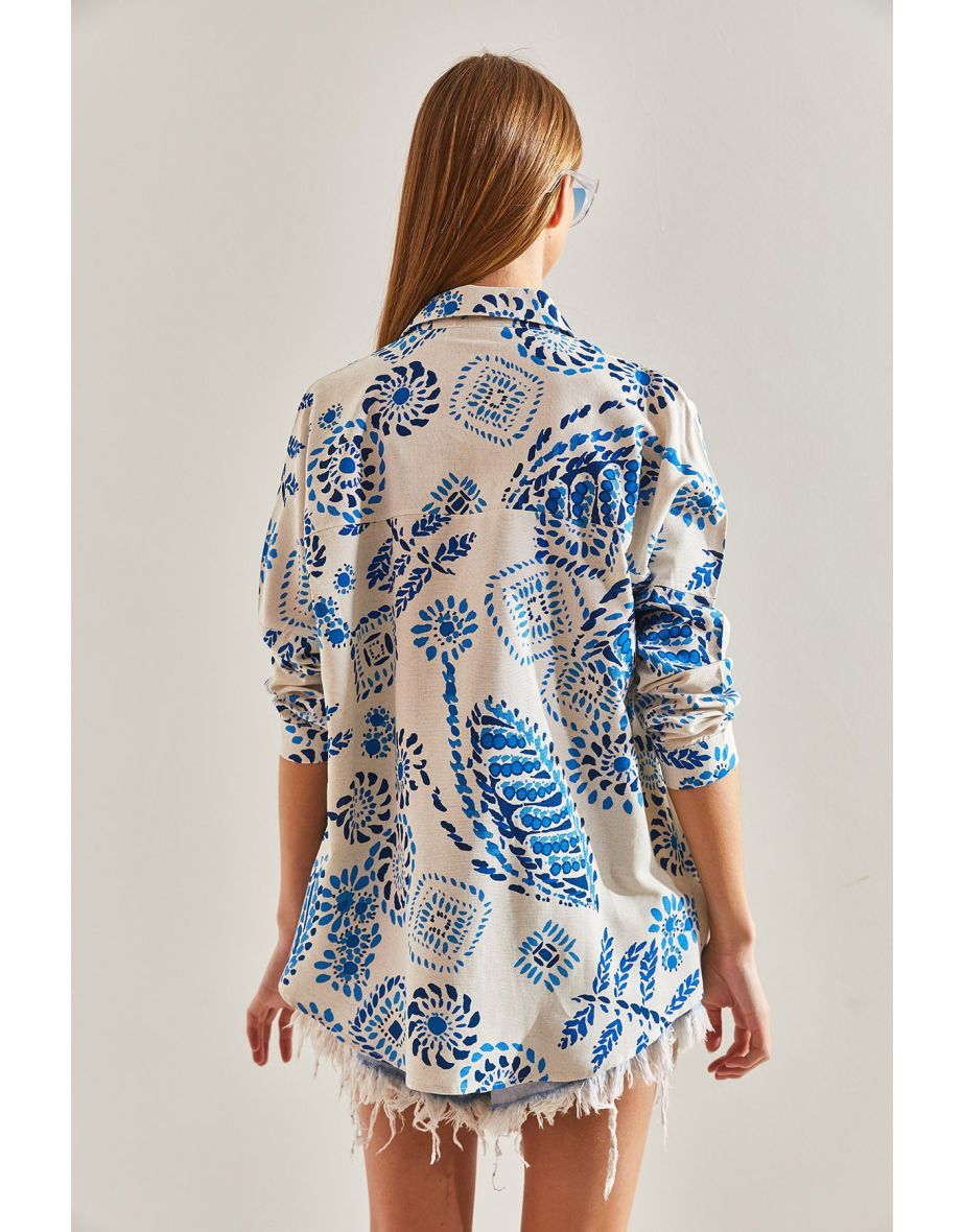 Women's Large Leaf Patterned Loose Linen Shirt - 6