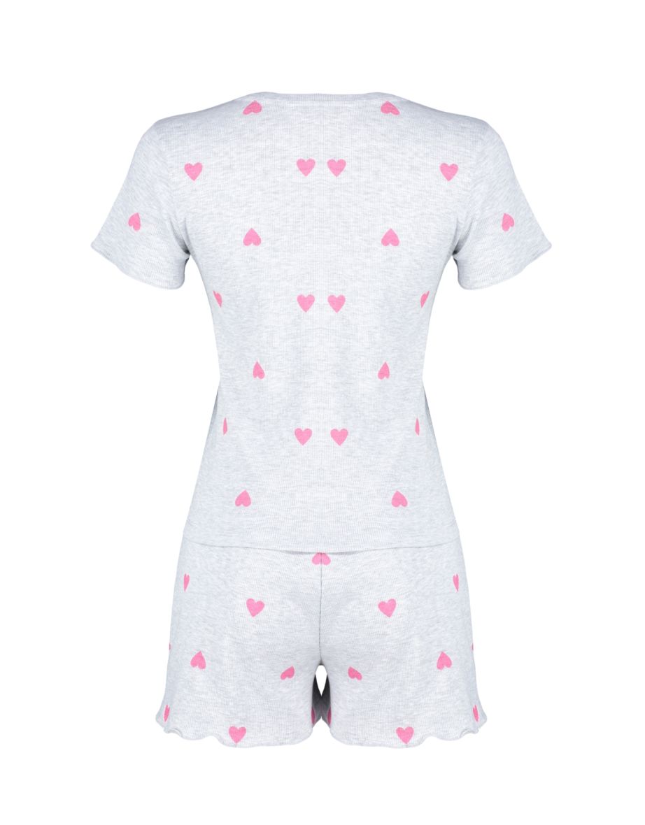 Gray Melange Heart Patterned Ribbed Knitted Pajamas Set - 6