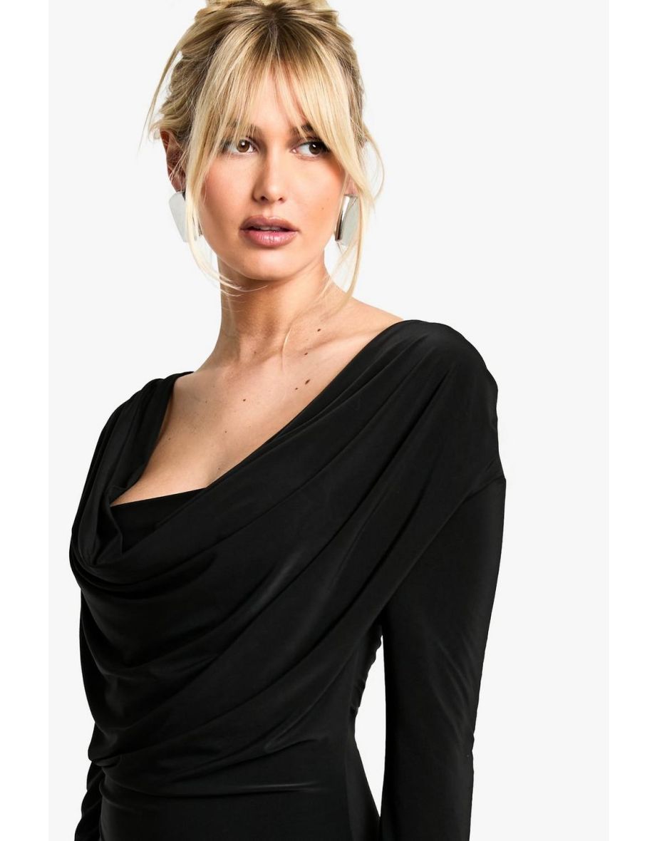 Square Neck Long Sleeve Slinky Bodycon Dress - black - 3