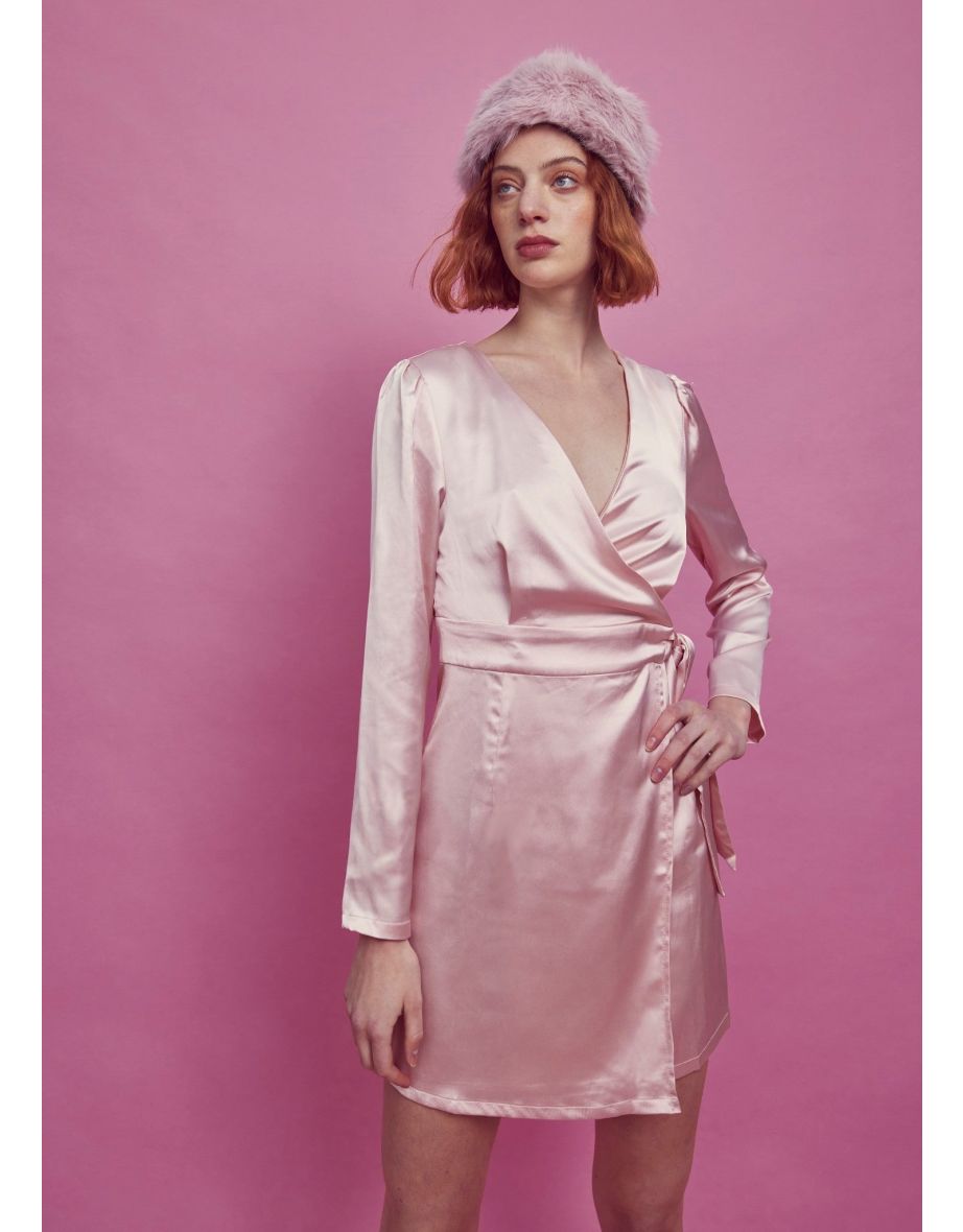 Sarah Wrap Mini Dress -Pale-Pink Satin - 3