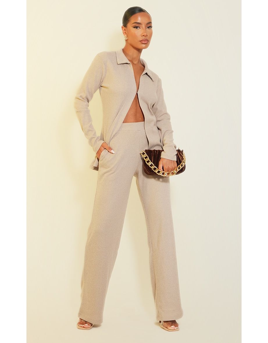 Mocha Brushed Rib Hook and Eye Detail Collared Top