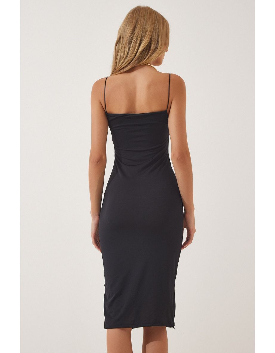 Women's Black Strapless Jersey Knitted Dress - 2