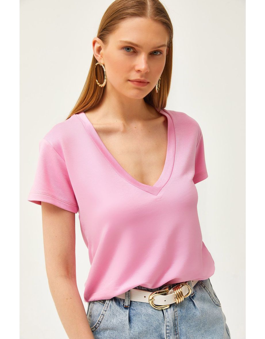 Women's Candy Pink Deep V Neck Modal Button T-Shirt