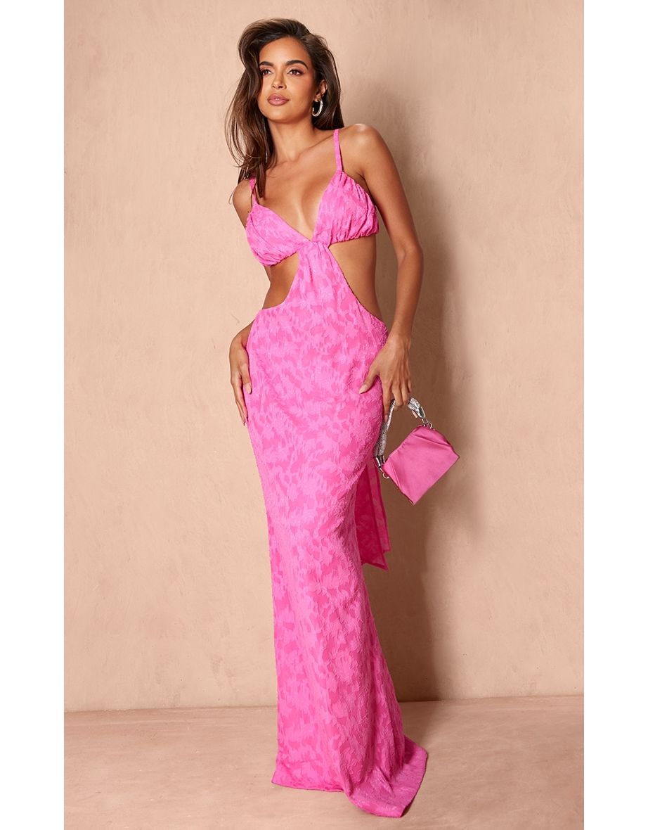 Hot Pink Jacquard Cut Out Maxi Dress