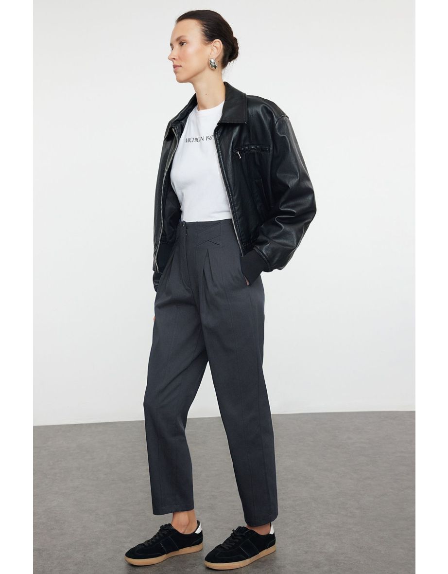 Anthracite Cotton Carrot Pattern Stripe Detailed Woven Trousers - 5