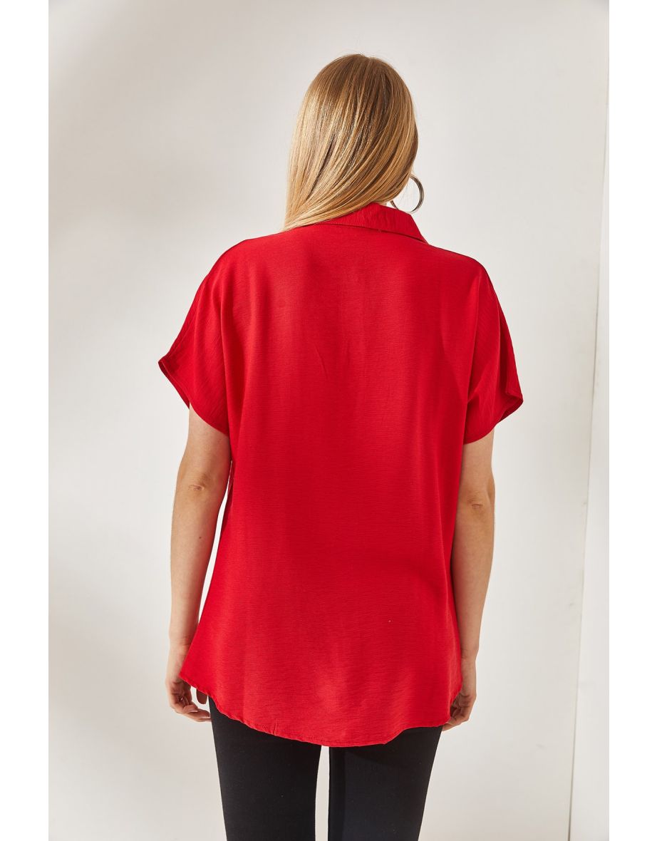 Women's Red Bat Oversize Linen Shirt - 6