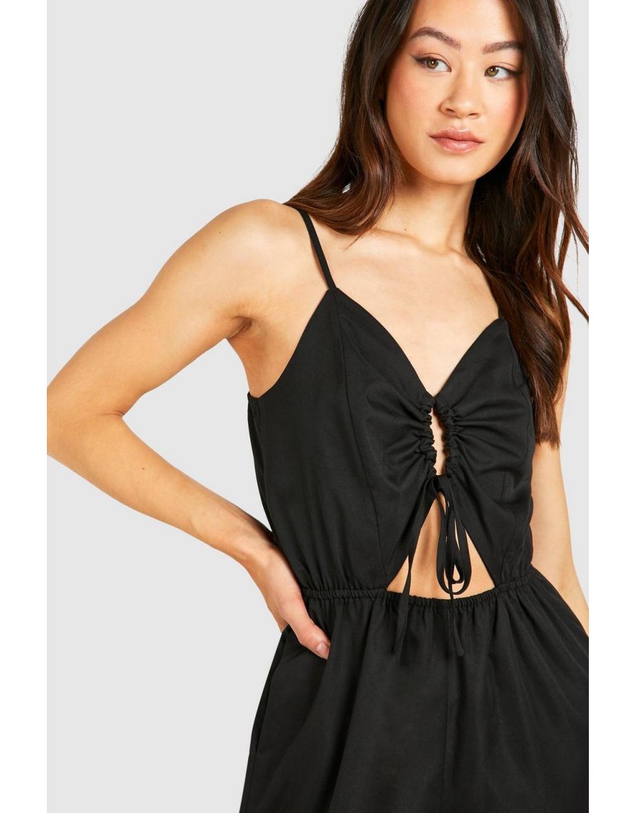 Tall Woven Ruched Front Wide Leg Jumpsuit - black - 3