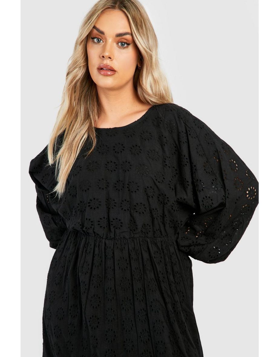 Plus Broderie Anglaise Longsleeve Tiered Maxi Dress - black - 3