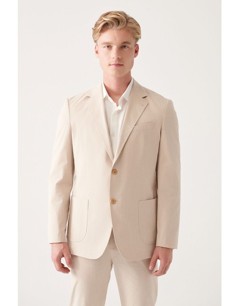 Men's Beige Unlined Cotton Blend Double Slit Jacket