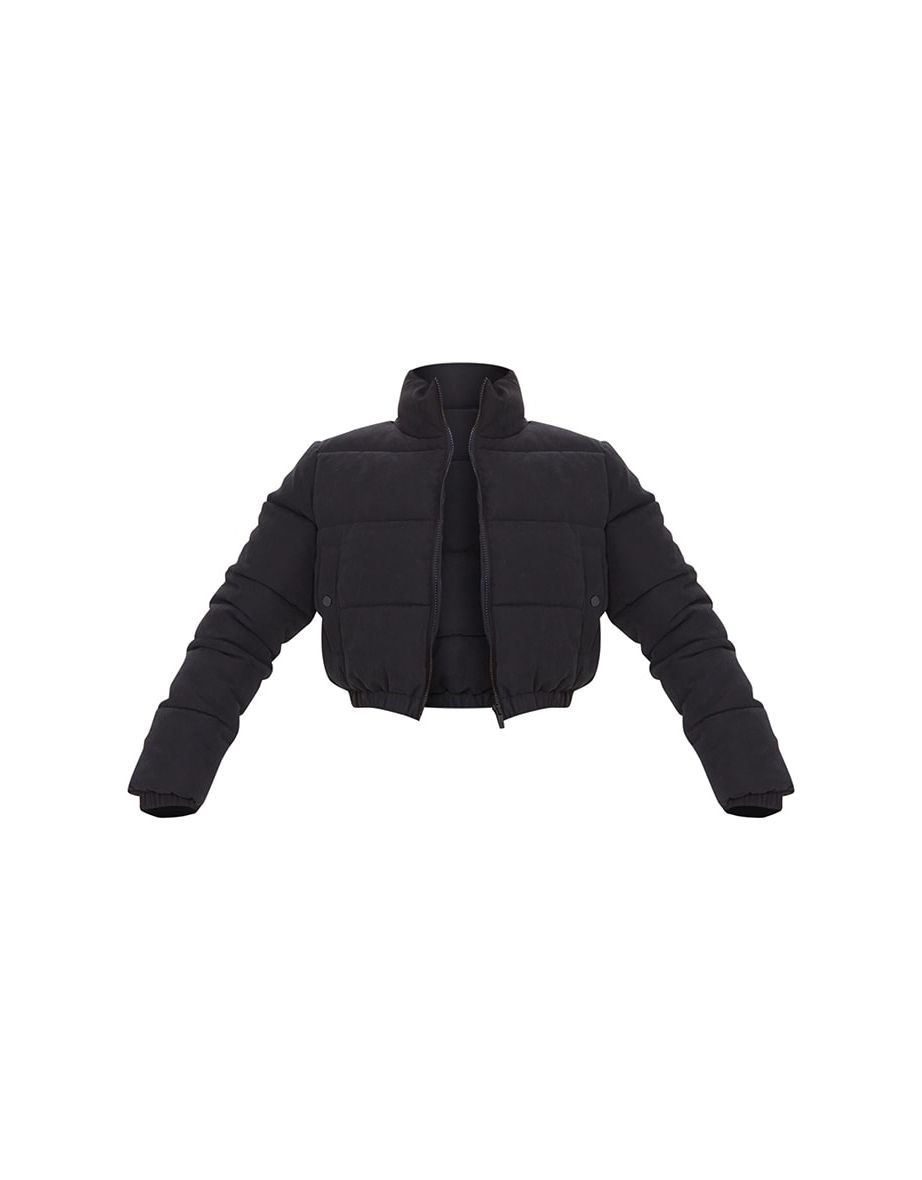 Black Peach Skin Cropped Bubble Puffer Jacket - 4