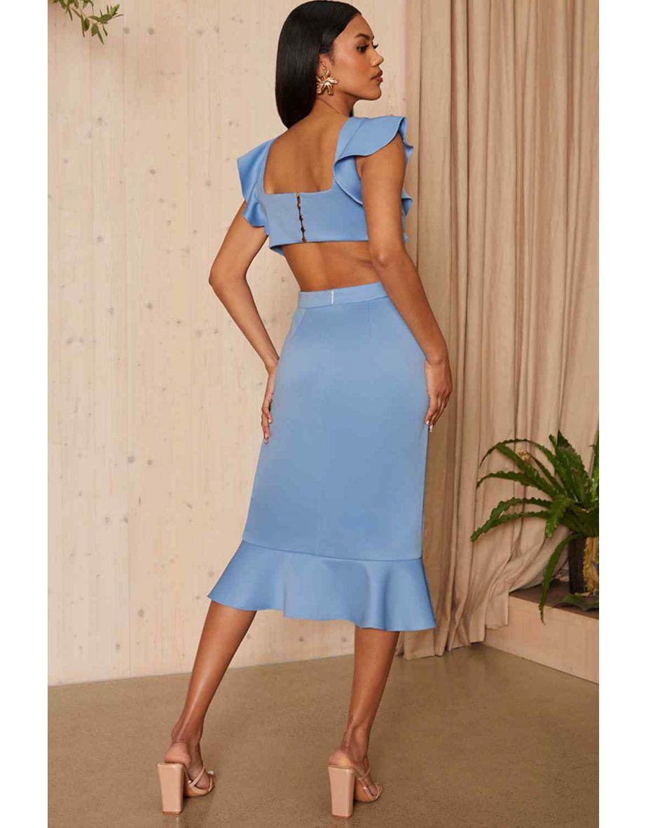 Ruffle Sleeve Cut Out Back Midi Dress in Blue