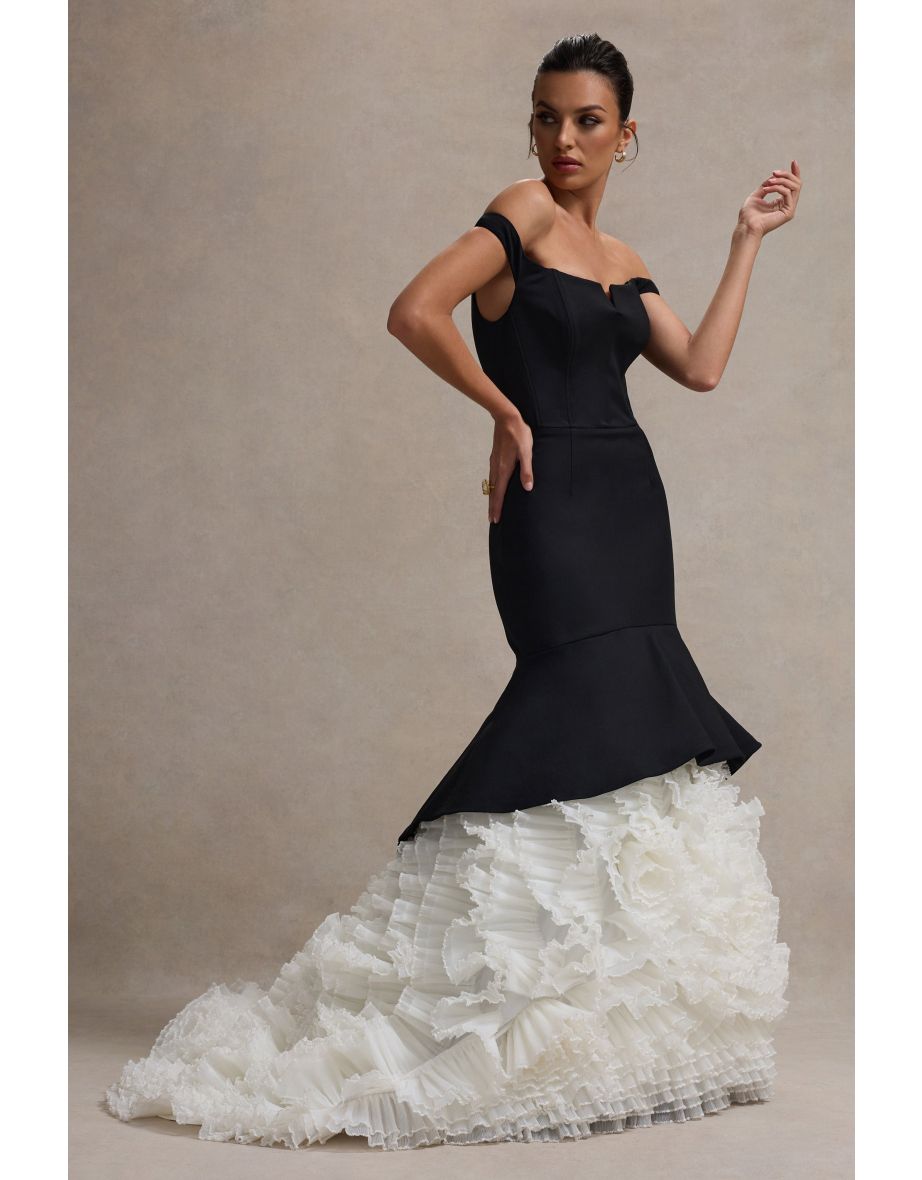The Greatest | Black & Cream Bardot Maxi Dress With Tulle Skirt