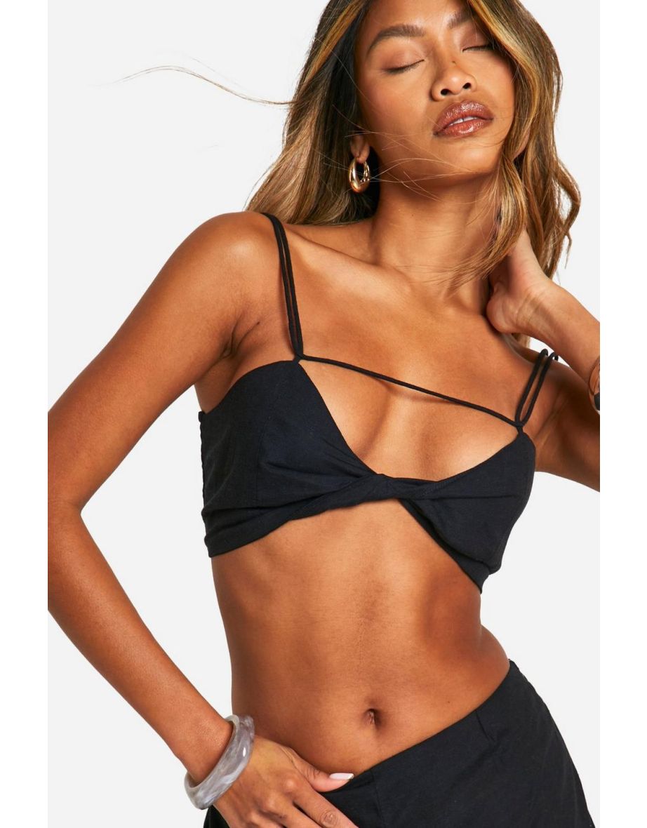 Linen Look Twist Front Bralette - black - 3