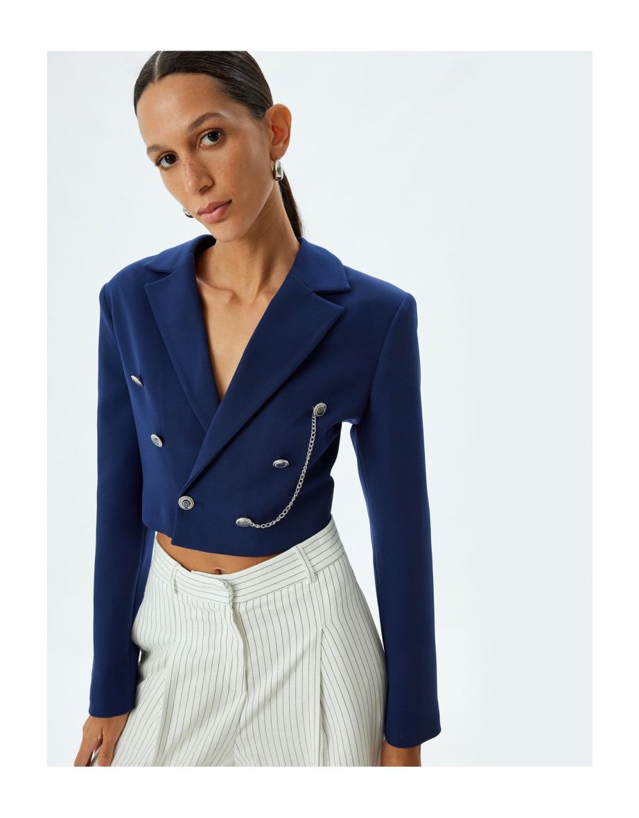 Double Breasted Crop Blazer Jacket Reverse Collar Dobby Chain Detail Buttoned