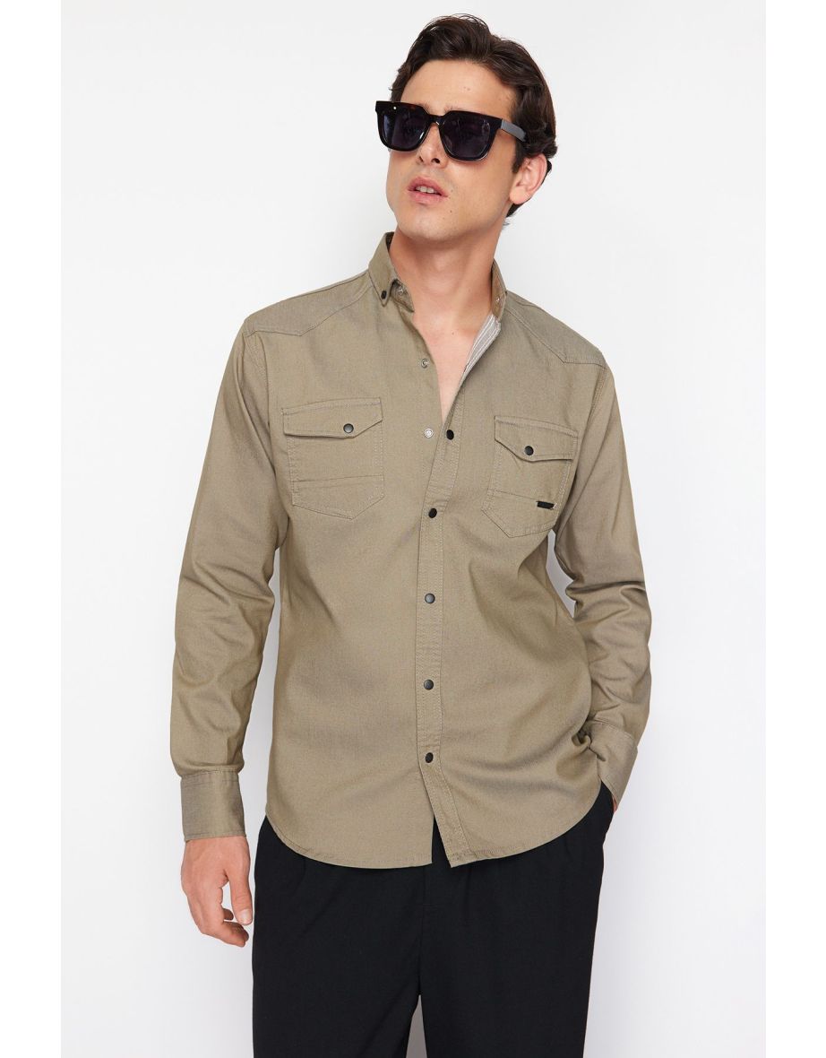 Men Khaki Regular Fit Denim Jeans Shirt with Snap Fasteners
