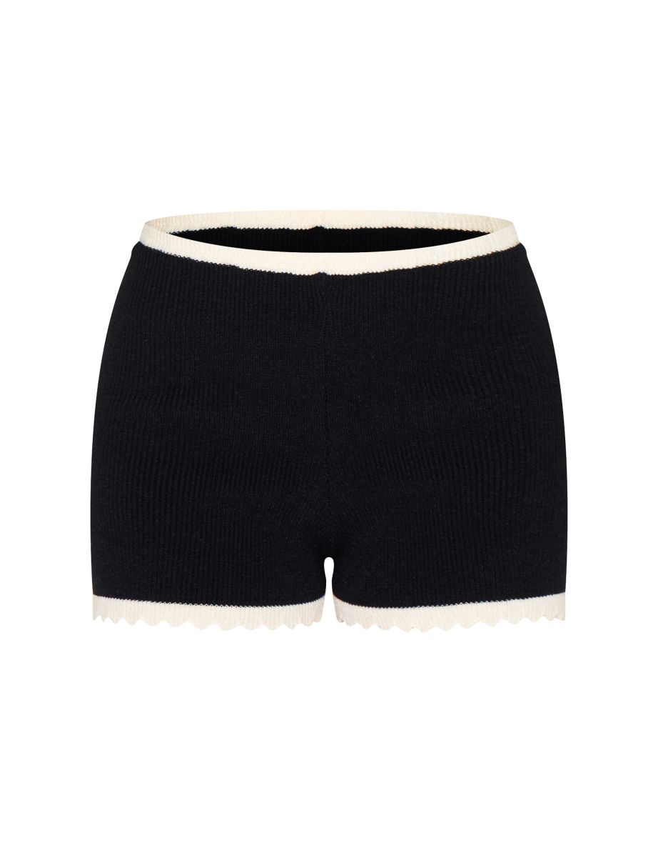 Petite Black Knitted Scallop Edge High Waisted Shorts - 5