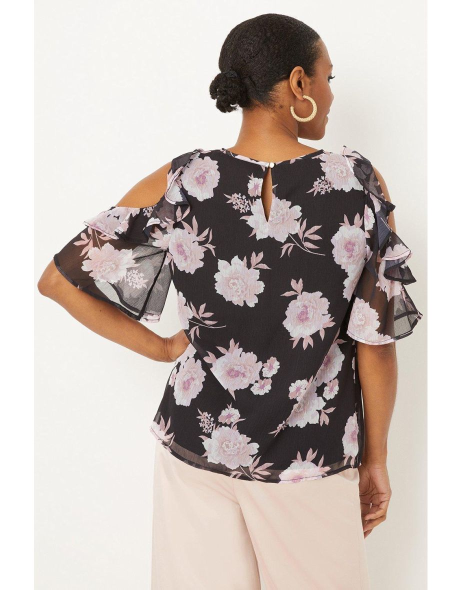 Black Floral Cold Shoulder Top - 2