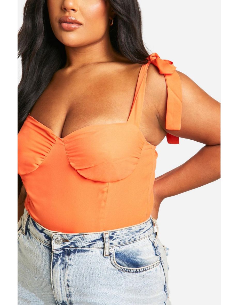 Plus Tie Shoulder Ruched Bodysuit - orange - 3