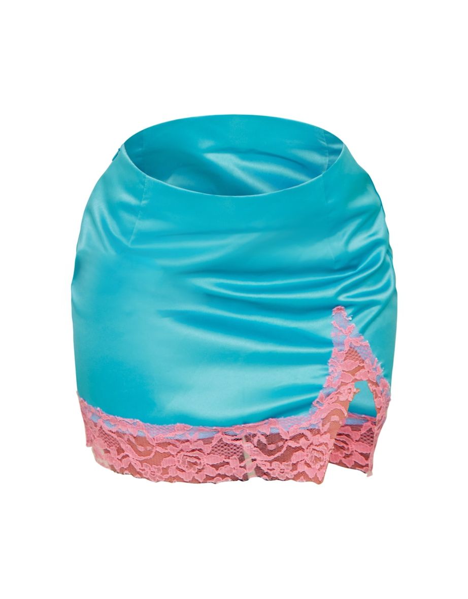 Blue Contrast Lace Trim Satin Mini Skirt - 5