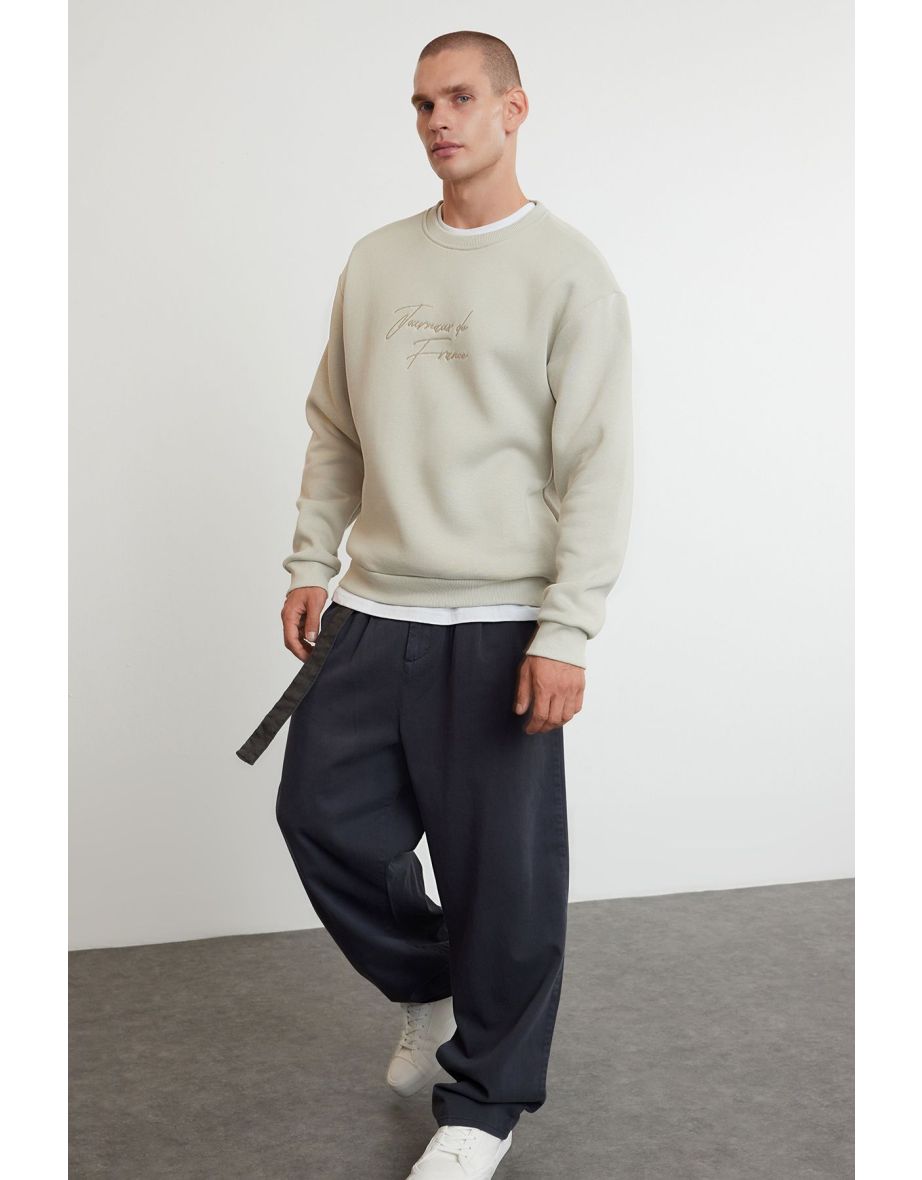 Stone Oversize/Wide Cut Text Embroidered Crew Neck Sweatshirt