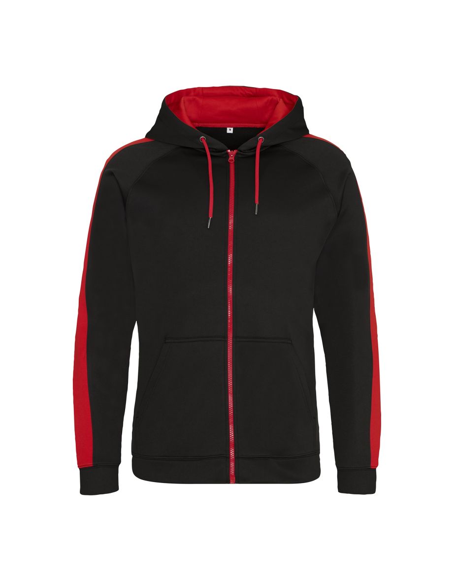 AWDis Just Hoods Mens Contrast Sports Polyester Full Zip Hoodie - Jet Black/Fire Red