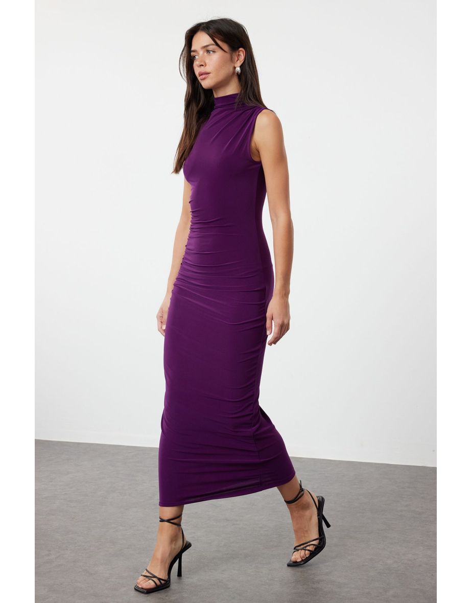 Purple Plain Gathered Maxi Zero Sleeve Draped Bodycone/Fits Body Stretch Knit Dress