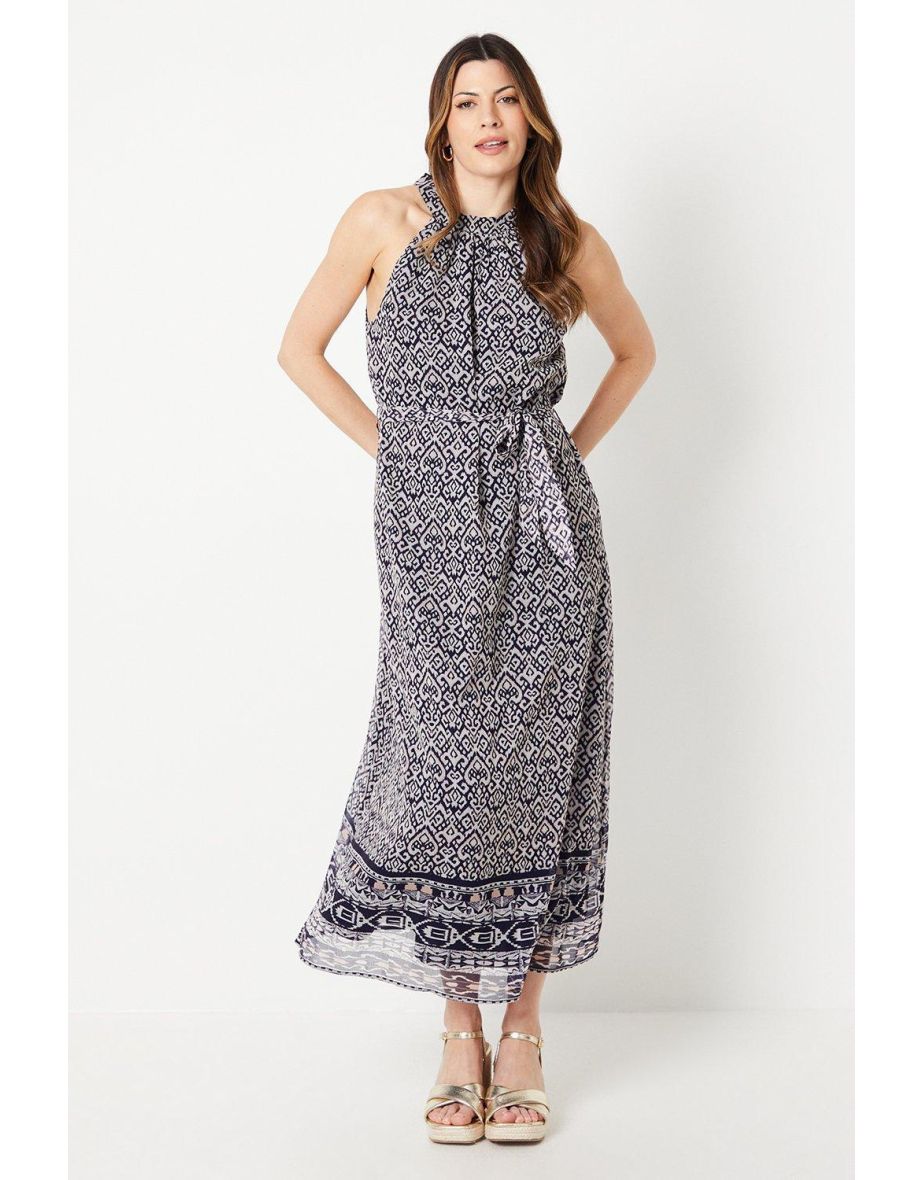 Navy Tile Border Print Belted Midaxi Dress