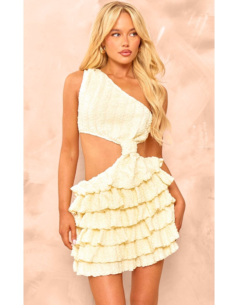 Cream Textured One Shoulder Frill Hem Mini Dress