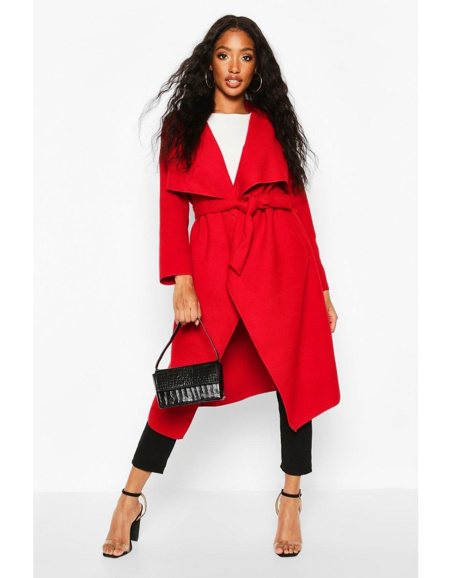 Belted Waterfall Coat - red - 3