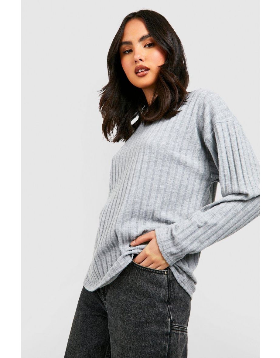 Brushed Jumbo Rib Long Sleeve Slouch Top - ash grey