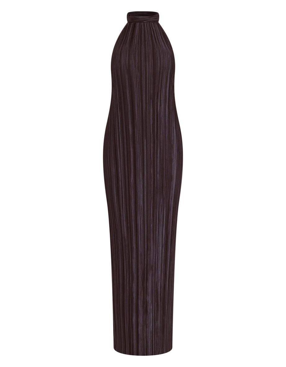 Petite Black Plisse High Neck Low Back Maxi Dress - 4