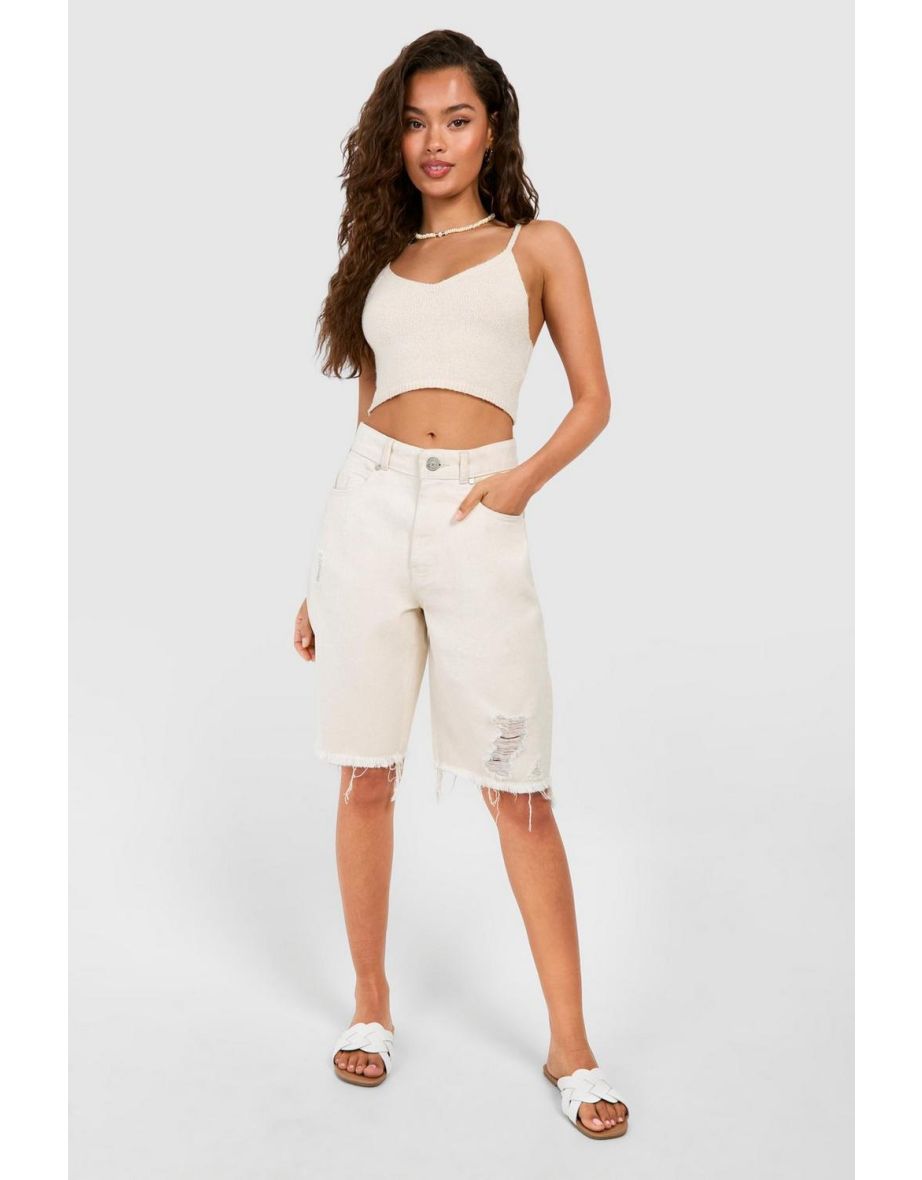 Shop Ripped Raw Hem Longline Denim Jort Online in Oman VogaCloset