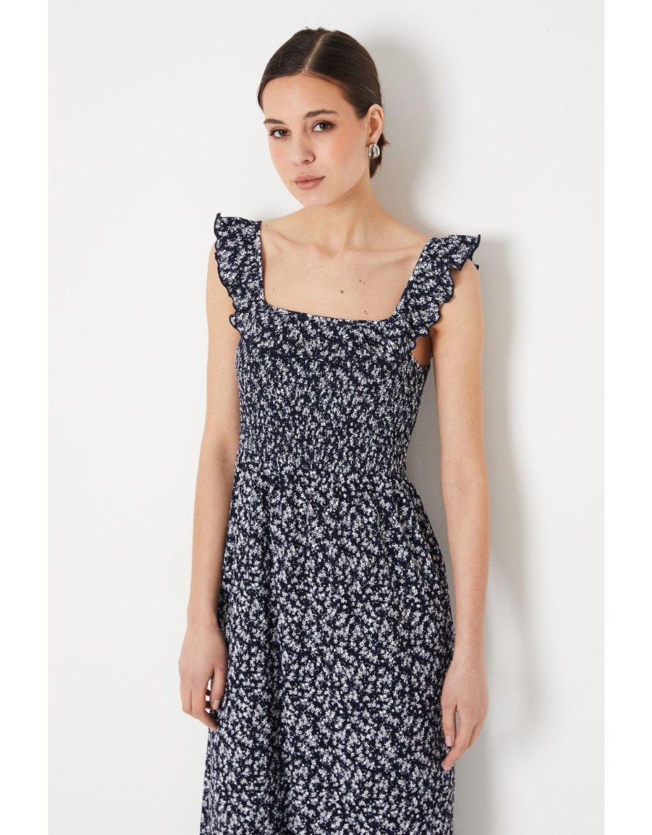 Navy Ditsy Shirred Bodice Ruffle Detail Midi Dress - 3