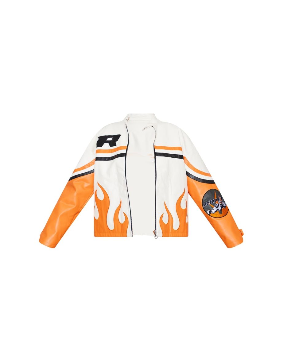 White And Orange Flame Hem Faux Leather Jacket - 4
