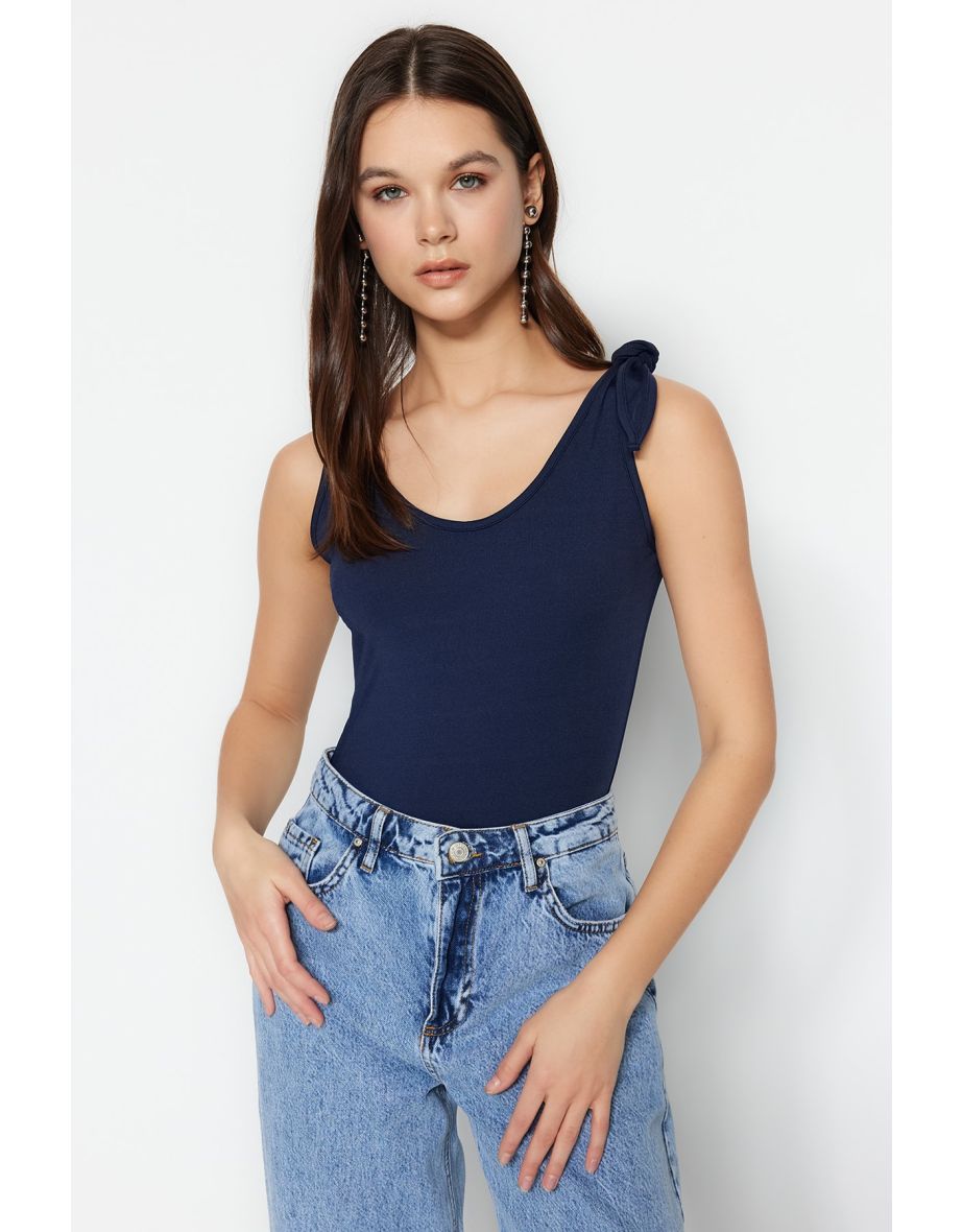Navy Blue Lacing Detailed Pool Neck Low-Cut Back Knitted Body