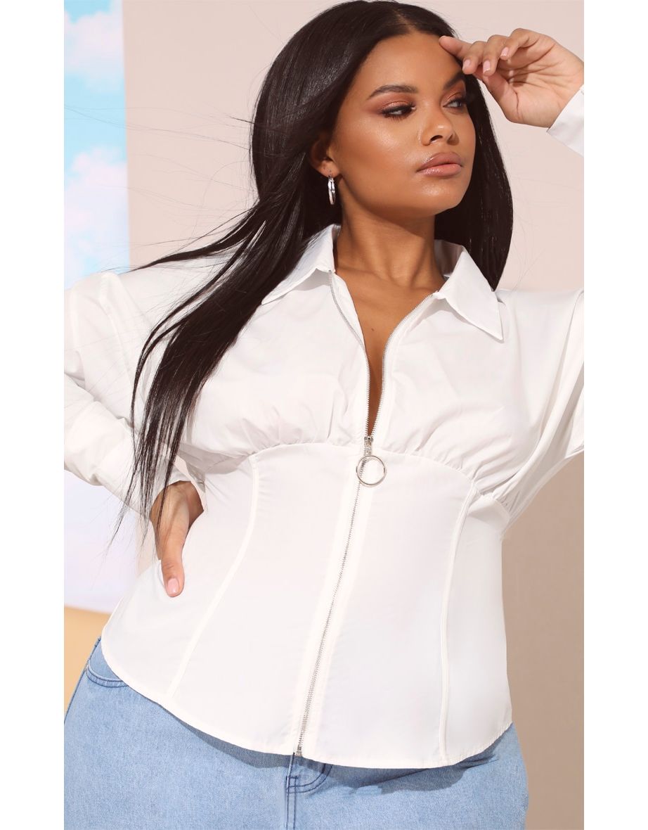 Plus White Zip Corset Detail Shirt