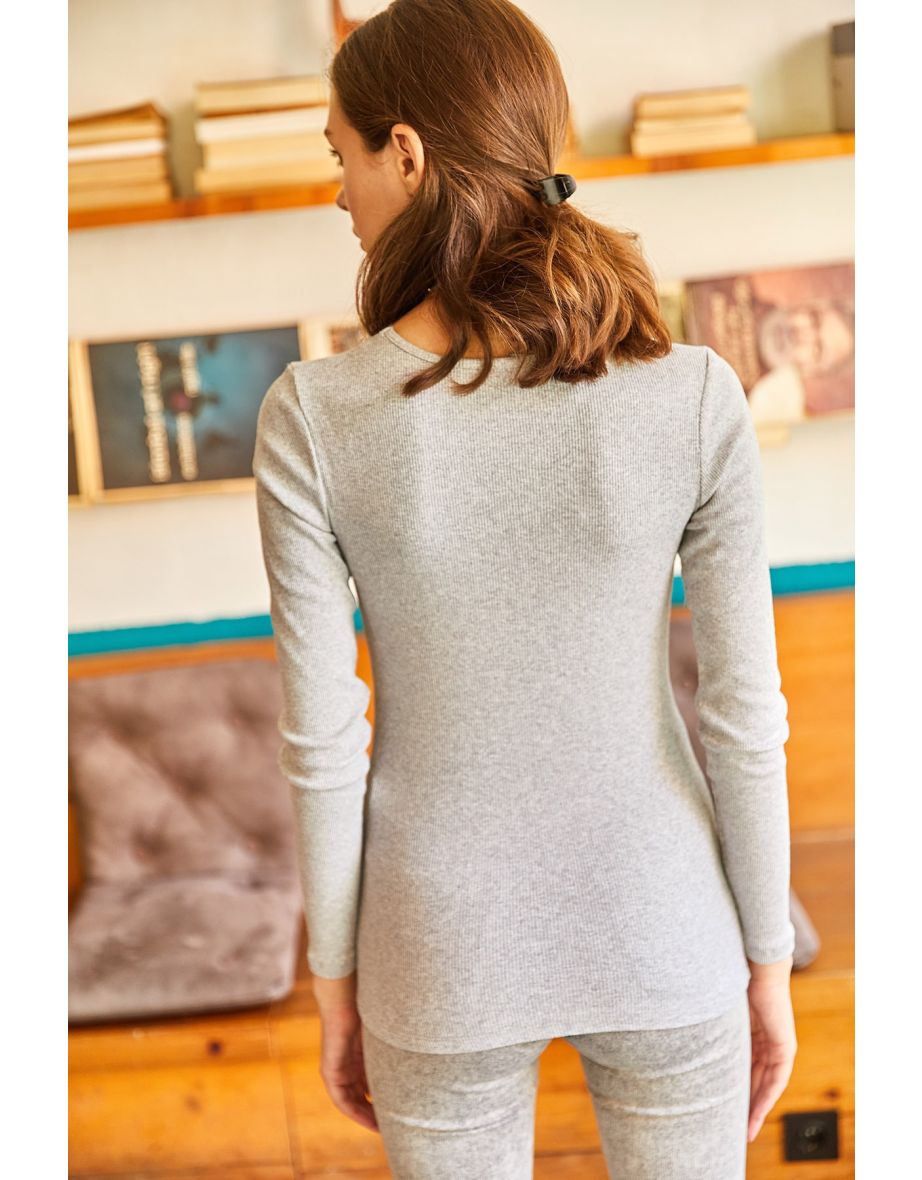 Women's Gray Collar Lace V-neck Camisole Knitted Blouse - 4