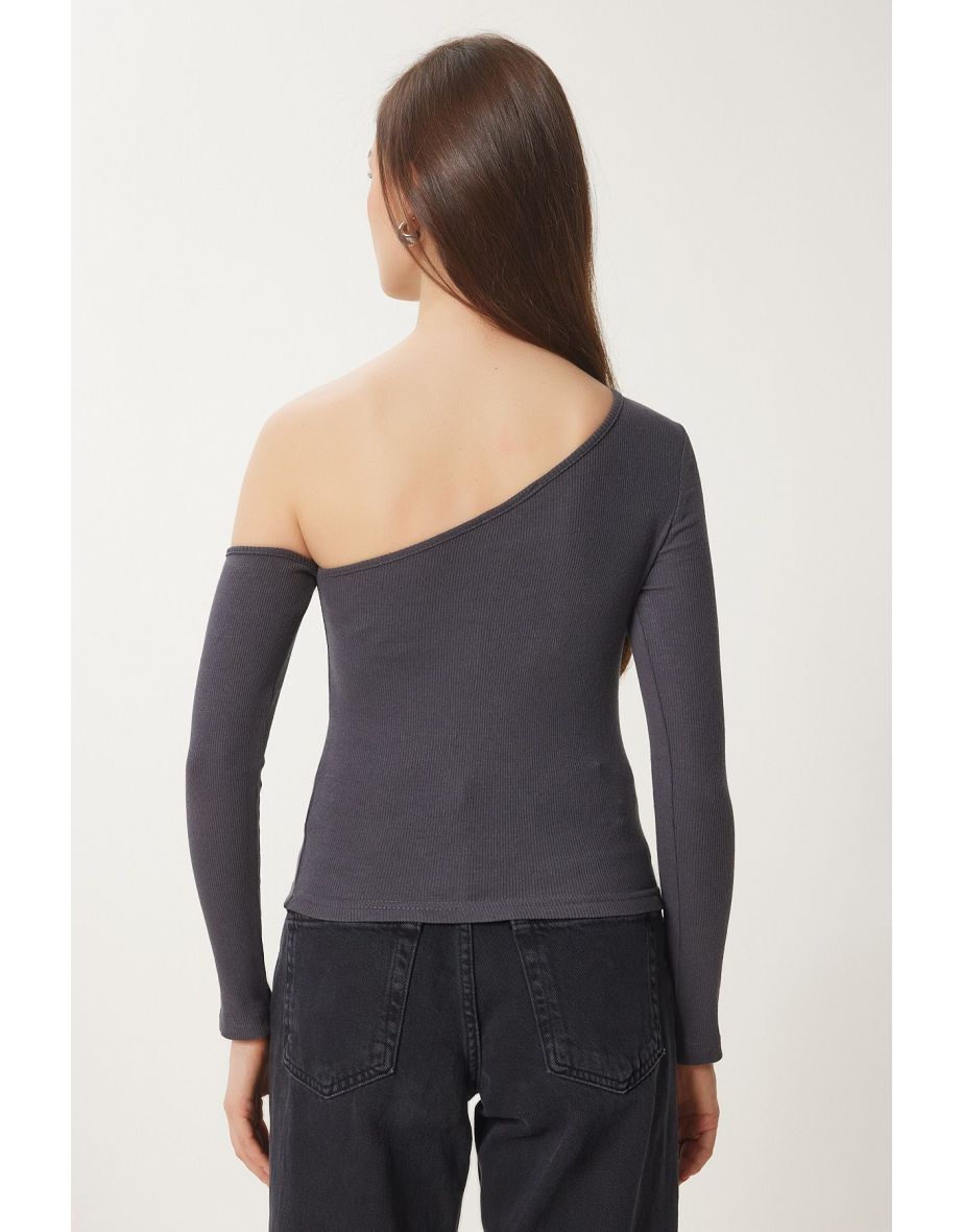 Women's Anthracite Black Open Shouldered Ribbed 2-Piece Knitted Blouse - 8